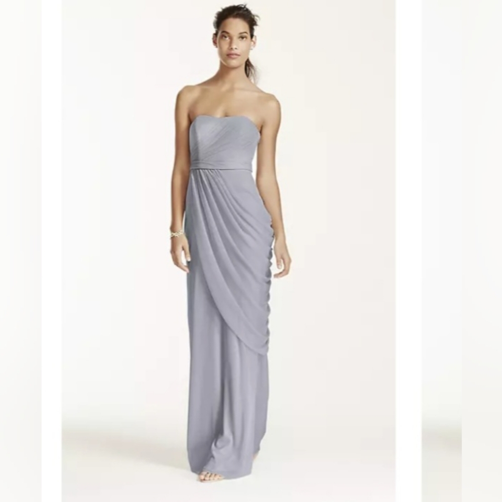 David's Bridal • "Mercury" Long Strapless Side Drape Mesh Dress & Bolero Jacket